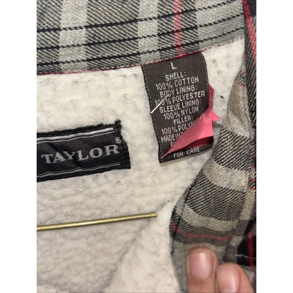 David Taylor Mens Large Grey Black Red Plaid Sherpa Lined Flannel Shacket Jacket